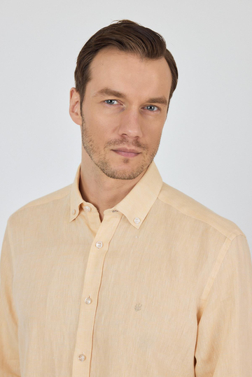 Uzun Kol Düz Keten Düğmeli Yaka Cepsiz Casual Comfort Fit Gömlek 1004250114