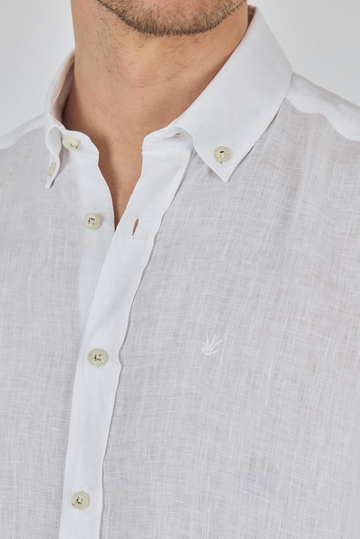 Uzun Kol Düz Keten Düğmeli Yaka Cepsiz Casual Comfort Fit Gömlek 1004250114