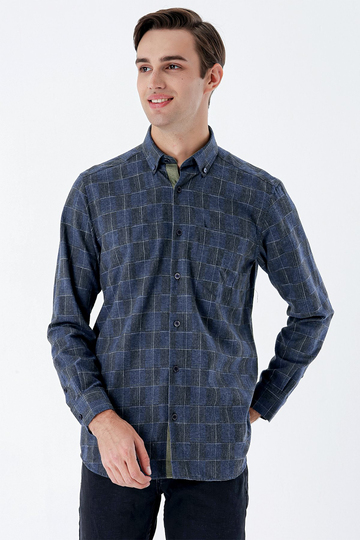 Koyu Lacivert Uzun Kollu Ekoseli Cepli Garnili Pamuklu Klasik Comfort Fit Gömlek 1004235142