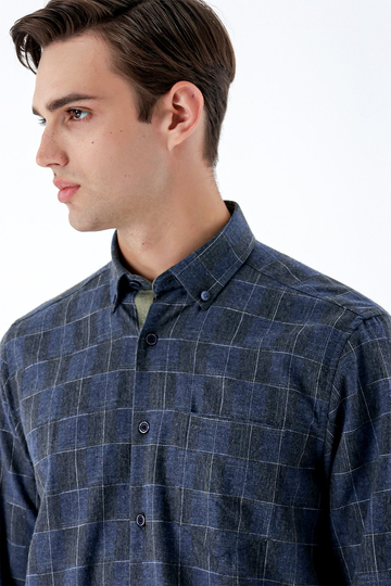 Koyu Lacivert Uzun Kollu Ekoseli Cepli Garnili Pamuklu Klasik Comfort Fit Gömlek 1004235142