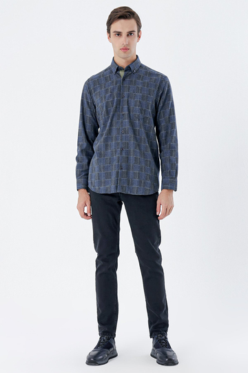 Koyu Lacivert Uzun Kollu Ekoseli Cepli Garnili Pamuklu Klasik Comfort Fit Gömlek 1004235142