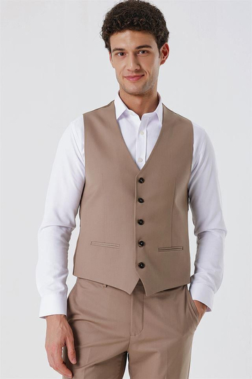 Koyu Bej V Yaka Klasik Yelek 1009230104