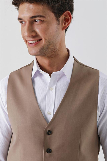 Koyu Bej V Yaka Klasik Yelek 1009230104