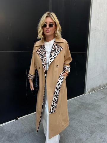 Özel Üretim Leopar Astarlı Camel Trençkot