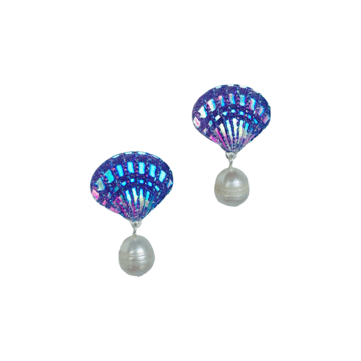 Tres Jolie Lollie İncili Deniz Kızı Kabuğu Klips Küpe Mor