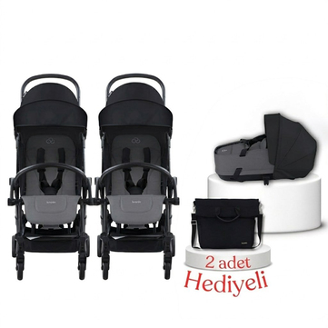 Bumprider Connect³ İkiz Bebek Arabası ve Portbebe Seti – Black & Grey Melange | Yan Bakım Çantası Hediyeli