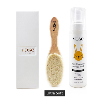 Vose Bebek Saç Fırçası 0 Ay + Keçi Kıl & Saç ve Vücut Köpük Şampuanı 200 ml