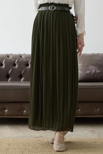 Belted Gathered Waist Chiffon Skirt - Khaki