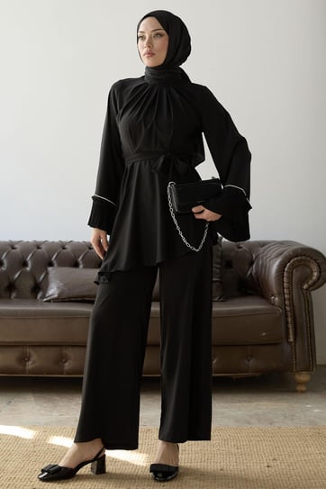 Pleated Sleeve Belted Black Two-Piece Suit