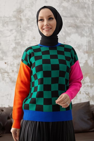Monsa Kare Ekose Desen Triko Kazak - Yeşil