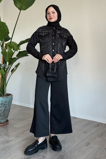 Stone and Pearl-Detail Black Two-Piece Set