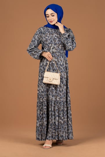 Baroque Patterned Viscose Dress-Sax Blue
