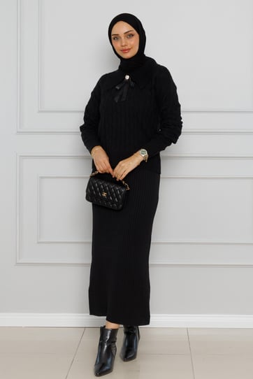 Knitted sweater dress Suit-black bleu color