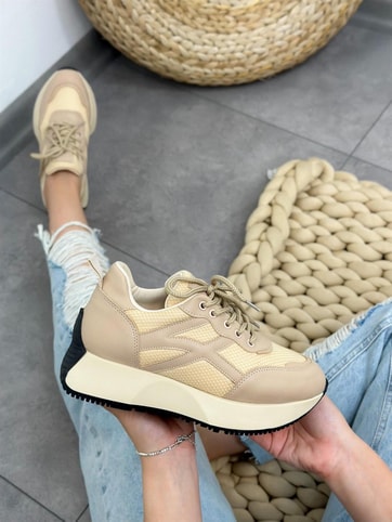 Bej Cilt (John) Kadın Bağcıklı Sneakers