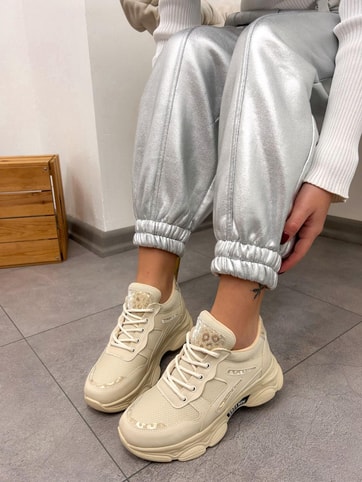 Bej Cilt (Leo) Leopar Detaylı Kadın Bağcıklı Sneakers