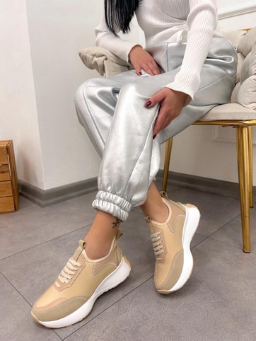 Bej Triko (Mines) Kadın Bağcıklı Sneakers