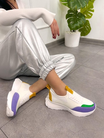 Beyaz Lila Triko (Mines) Kadın Bağcıklı Sneakers