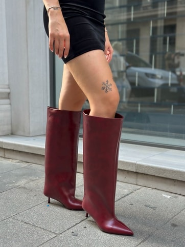 Bordo Cilt (Veray) XL Oversize Kalın Baldır 5 Cm Mini Topuk Çizme
