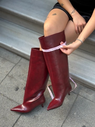 Bordo Cilt (Veray) XL Oversize Kalın Baldır 5 Cm Mini Topuk Çizme