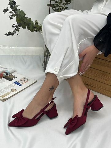 Bordo Saten (Fairy) Fiyonk Detay Kadın Topuklu Ayakkabı