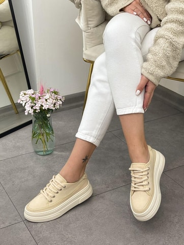 Ekru Keten (Werner) Bağcıklı Kadın Sneakers
