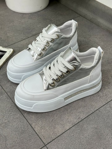 Gümüş Beyaz (Miles) Taş Detay Yüksek Taban Bağcıklı Sneakers