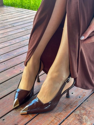 Kahve Rugan (Blue) Gold Metal Parça Detay Kadın Stiletto