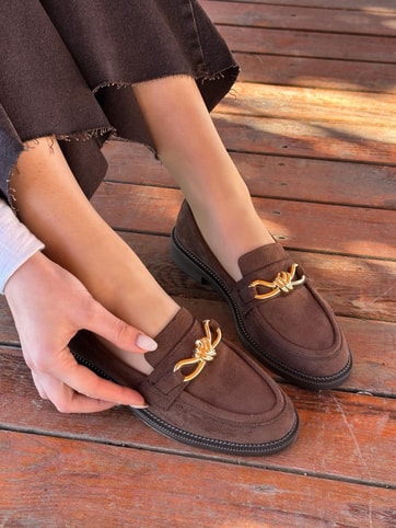 Kahve Süet (Teseri) Gold Sarmal Toka Detay Kadın Loafer