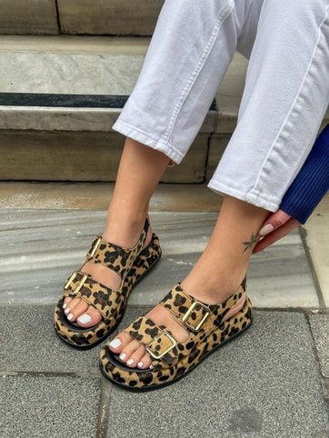 Leopar (Jenny) Gold Toka Detay Kadın Sandalet