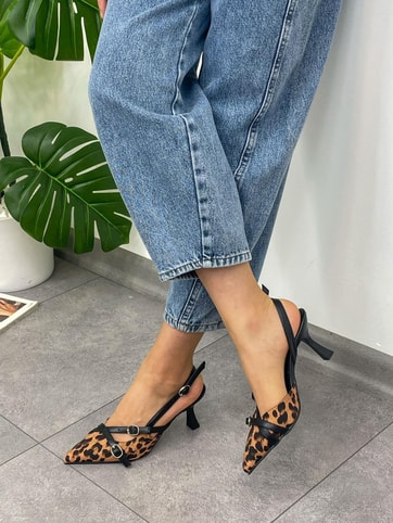 Leopar Saten (Wesley) İki  Bantlı Toka Detay Kadın Stiletto