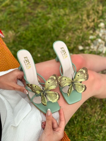 Mint Yeşili Cilt (Butter) Yeşil Kelebek Topuklu Kadın Terlik