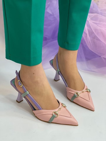 Pembe Yeşil Deri (Moss) Toka Detay Kadın Stiletto