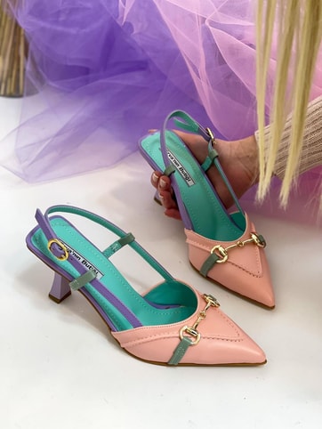 Pembe Yeşil Deri (Moss) Toka Detay Kadın Stiletto