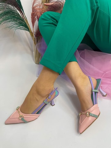 Pembe Yeşil Deri (Moss) Toka Detay Kadın Stiletto