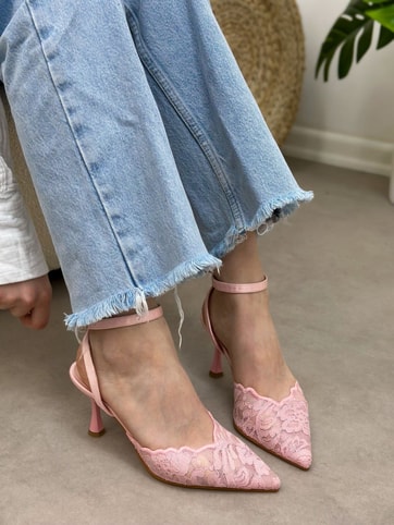 Şeker Pembe Dantel (Vusuel) Nakışlı Arka Bant Detaylı Kadın Stiletto