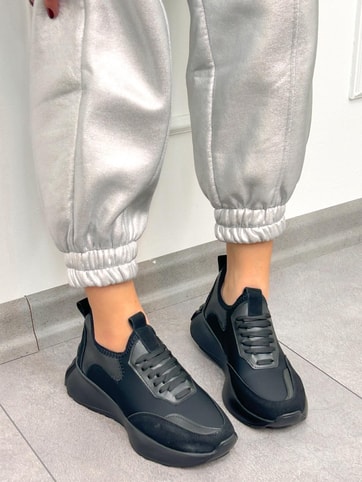 Siyah Triko (Mines) Kadın Bağcıklı Sneakers