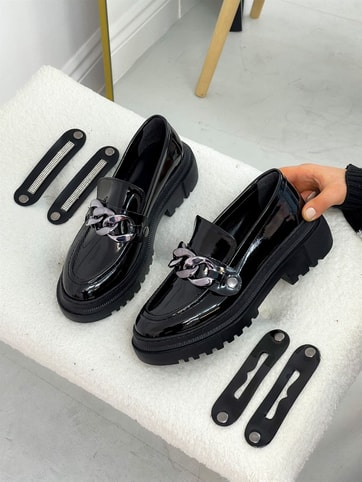 Siyah Rugan (Fabio) Üç Tokalı Kadın Loafer
