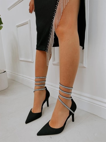 Siyah Saten (Brice) Taş Detay Bilek Bağlamalı Kadın Stiletto