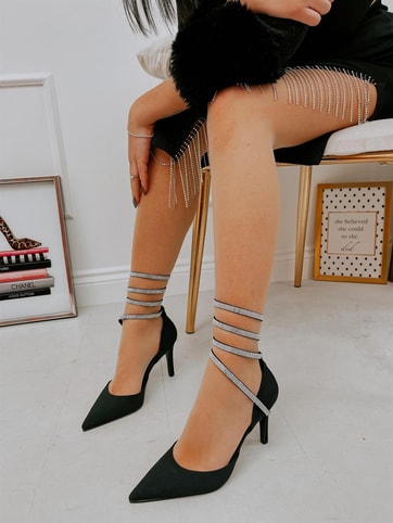 Siyah Saten (Brice) Taş Detay Bilek Bağlamalı Kadın Stiletto
