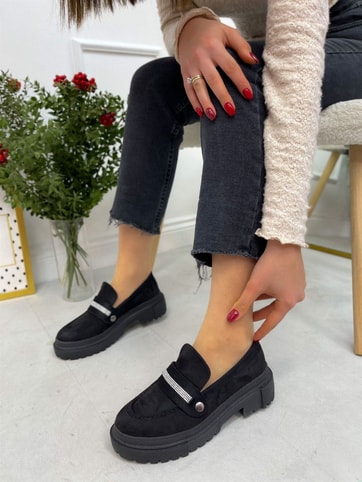Siyah Süet (Fabio) Üç Tokalı Kadın Loafer