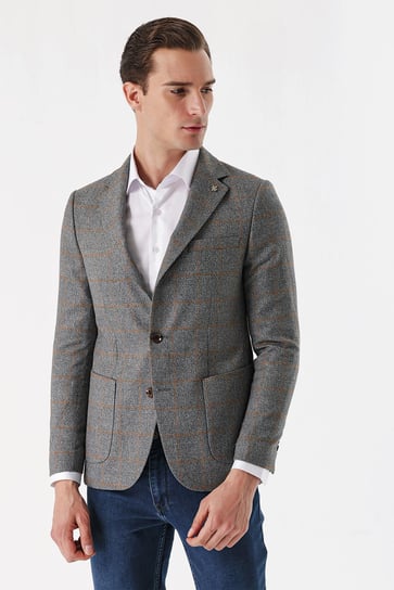 Morven Erkek Gri Kareli Dokuma Slim Fit Dar Kesim Torba Cep Ceket