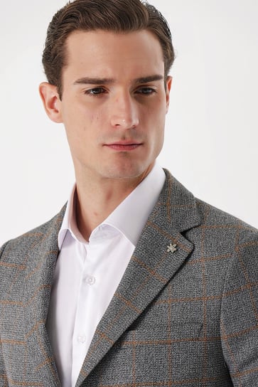 Morven Erkek Gri Kareli Dokuma Slim Fit Dar Kesim Torba Cep Ceket