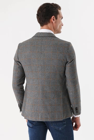 Morven Erkek Gri Kareli Dokuma Slim Fit Dar Kesim Torba Cep Ceket