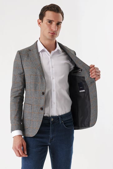 Morven Erkek Gri Kareli Dokuma Slim Fit Dar Kesim Torba Cep Ceket