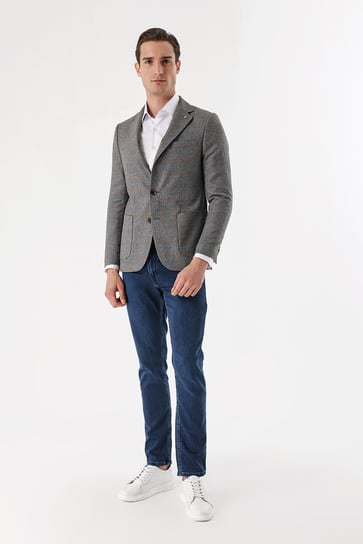 Morven Erkek Gri Kareli Dokuma Slim Fit Dar Kesim Torba Cep Ceket