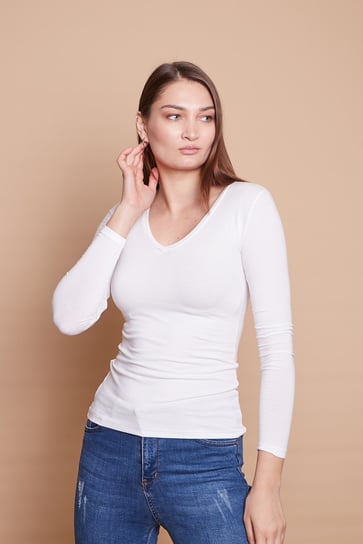 V Yaka Uzun Kol Pamuklu Likralı Body-Krem