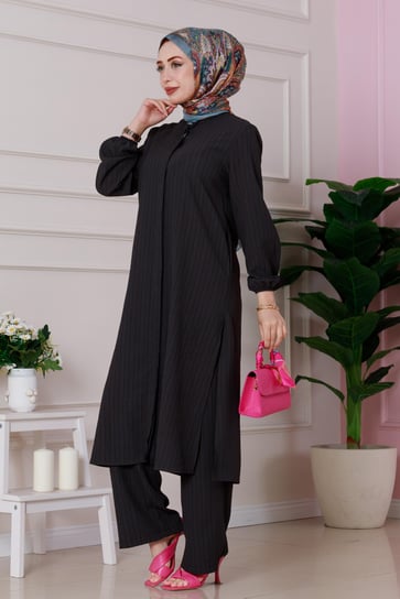 Yırtmaç Detaylı Tunik Pantolon Takım-Siyah