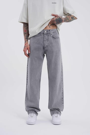 Erkek Relaxed Baggy Jean Asit Gri Pantolon