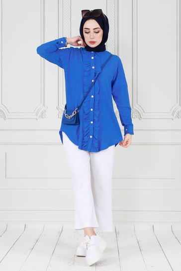 Tunic with frill detail on the front-Bleu color 