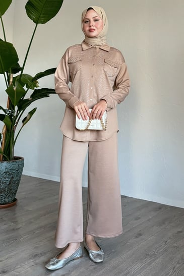 Stone and Pearl-Detail Camel Two-Piece Set